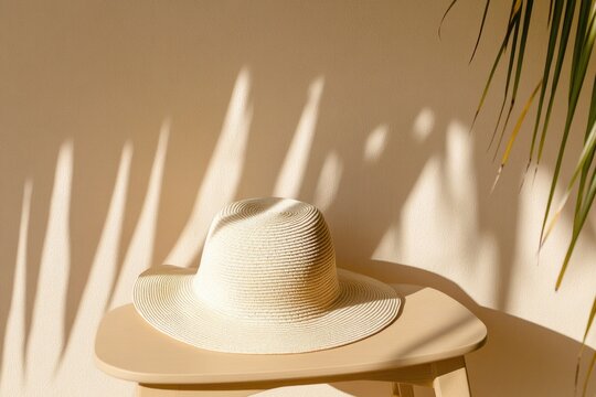 Soft hat rests on minimalist table, casting delicate shadows aga