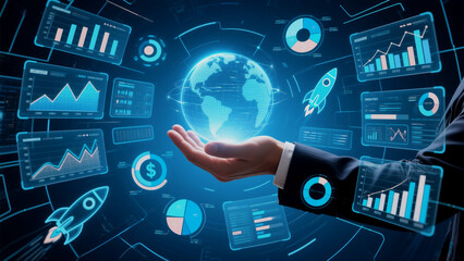 Businessman presenting global business data analytics and technological innovation concept