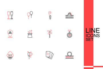 Set line Roller coaster, Playing cards, Balloons with ribbon, Clown head, Unicycle, Pinwheel toy, Magician hat and Circus tent icon. Vector © Iryna