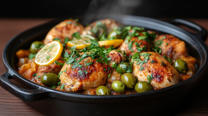 Closeup of chicken tagine with preserved lemons, olives, and fresh herbs, showcasing vibrant