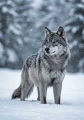 Fototapeta premium Gray Wolf in Winter Wonderland: A Serene Snowfall AI Generated
