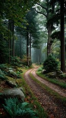 Naklejka premium Peaceful misty forest path winding through dense woodland