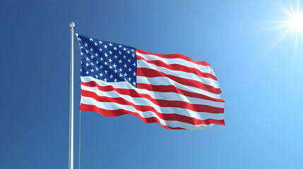 Fototapeta premium American flag waving in the clear blue sky under a sunny atmosphere render