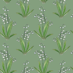 Fototapeta premium Lily of The Valley Background. Lily of The Valley Seamless Pattern. Hand-Drawn Floral seamless background.Flowers Trendy graphics. Lily of The Valley seamless print. Flower pattern
