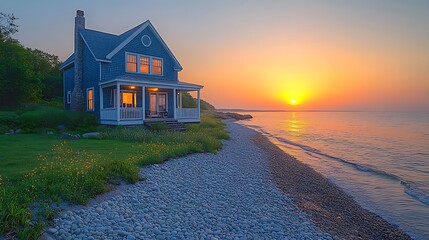 Charming seaside cottage golden sunset images