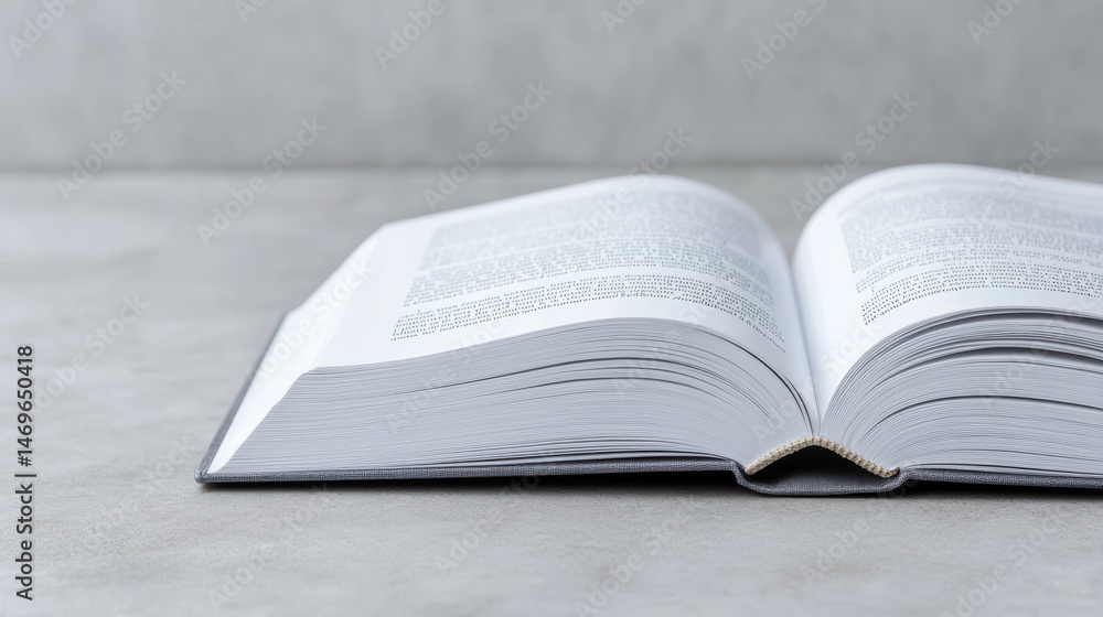 Poster closeup of open book showcasing detailed text on gray surface, inviting curiosity and learning