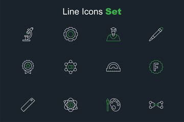 Set line Molecule, Paint brush with palette, Atom, Ruler, Exam paper incorrect answers, Protractor grid, and Medal star icon. Vector