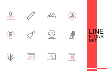 Set line Law pillar, Chalkboard, Certificate template, Trigonometric circle, Microscope, Award cup, Ringing bell and Exam paper with incorrect answers icon. Vector