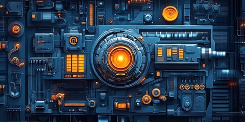 Fototapeta premium Futuristic control panel with glowing core, complex circuitry background, tech concept