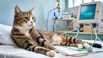 Intubated cat connected to vital signs monitors, feline health