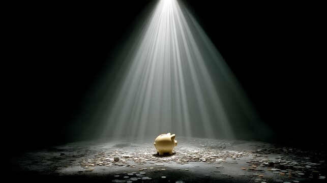 Illuminated piggy bank on scattered coins