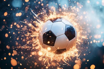 Naklejka premium Exploding soccer ball in dramatic mid-air impact with glass shards and glowing particles