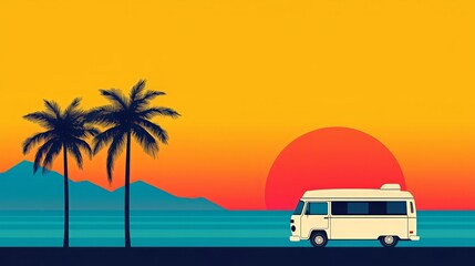 Retro camper van at tropical sunset by ocean with silhouetted palm trees and mountains
