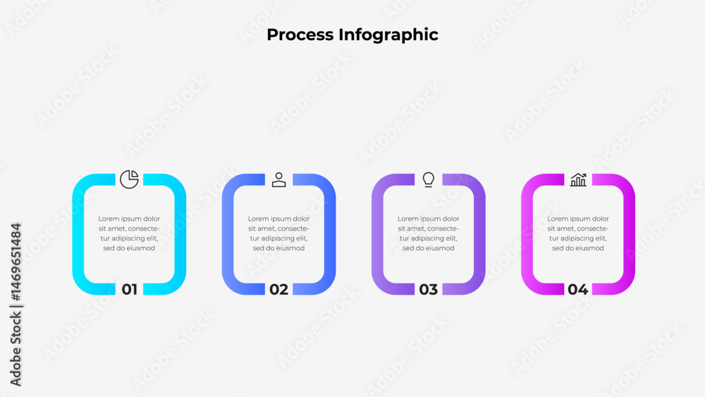 Poster Colorful infographic showing four sequential steps with icons, perfect for visualizing workflows, planning stages, or corporate presentations