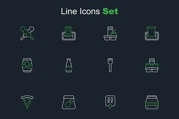 Set line Lunch box, Cafe and restaurant location, Online ordering meal, Slice of pizza, Coffee cup to go, Fork, Sauce bottle and Soda can icon. Vector