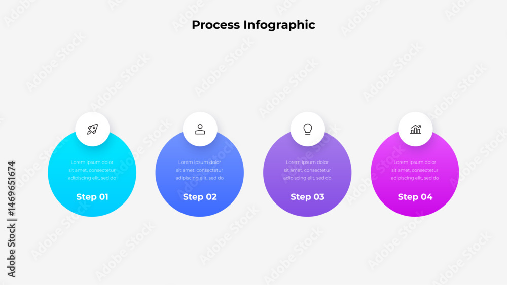 Fototapete Infographic template illustrating a four step process using circular elements featuring modern icons and descriptions, perfect for business, workflow, or creative project presentations