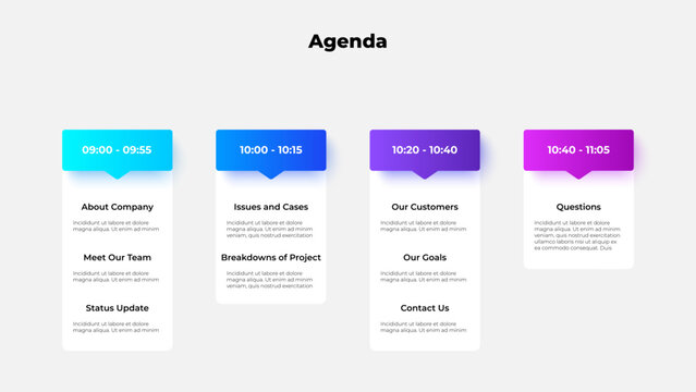 Business agenda template with divisions for time slots, activities, and key topics. Perfect for team meetings, event planning, and professional organization setup