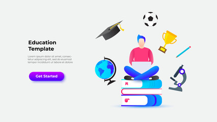 Student with a laptop sitting on books surrounded by educational and achievement symbols such as a globe, graduation cap, and trophy, symbolizing education and academic success