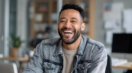 Fototapeta premium Laughing Man in Denim Jacket Indoors