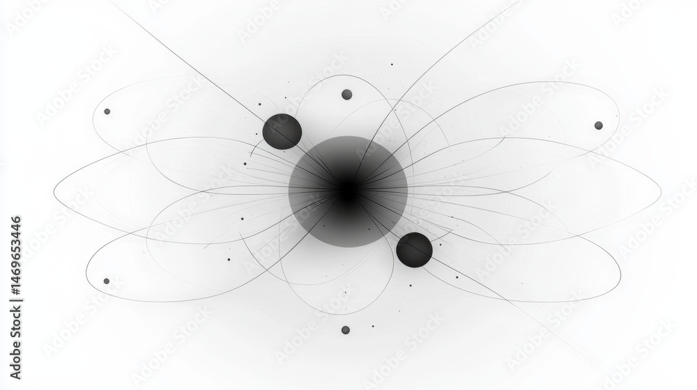Poster a black and white abstract design featuring a central circle surrounded by smaller circles and lines