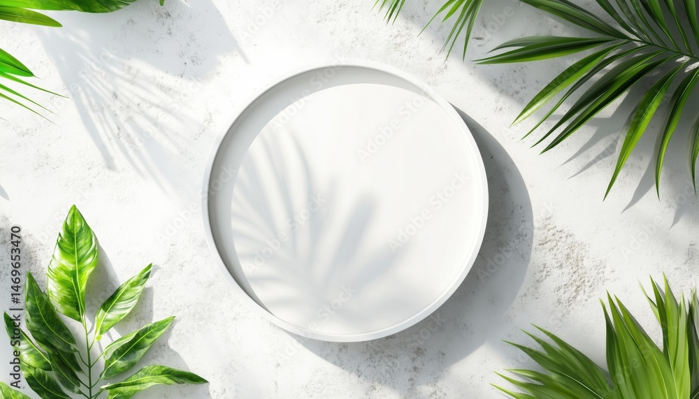 Poster creative idea: capturing top view of white blank cylinder frame with shadows of palm leaves on earth