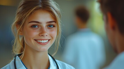 Fototapeta premium Smiling female medical professional interacting with a colleague.