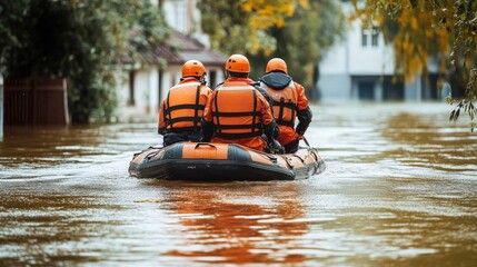 A rescue team navigating through floodwaters in a small boat, searching for survivors