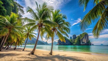 Obraz premium Palm trees swaying gently in the ocean breeze on a secluded beach at Hong Island, trees, serene, trees, serene
