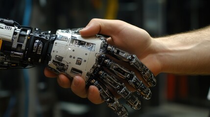 A robotic hand shaking hands with a human, symbolizing human-AI collaboration