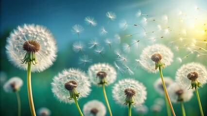 Obraz premium Seeds of dandelions floating gently in the air as they disperse on a breezy day