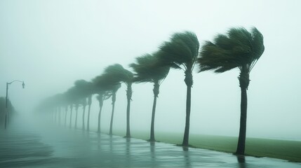 A row of palm trees bending under extreme winds as a hurricane hits