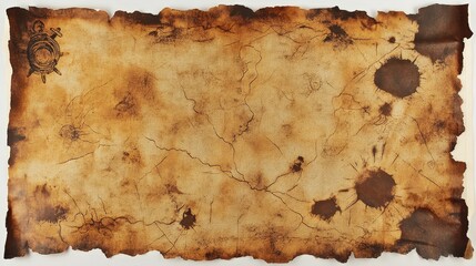 rustic, stained vintage paper with ink smudges and irregular edges, resembling an ancient pirate map waiting to reveal its hidden secrets