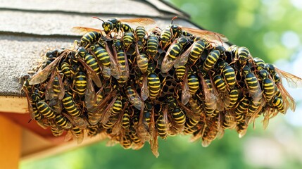 Large cluster of wasps on a roof.  A dense collection of wasps clinging together, forming a large mass.  The wasps are yellow and black striped insects. They are clustered near a roofline