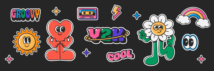 Retro y2k trendy sticker pack. Groovy text slogan. Collection of vintage groovy elements and characters.