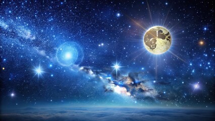 Fototapeta premium Celestial Scene with Twinkling Stars and a Full Moon , Dark Blue Skies, Galaxy