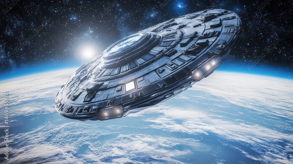 Aufkleber a spaceship hovering above earth, preparing for an intergalactic jump