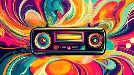 Fototapeta premium Retro radio with colorful abstract background. Vintage radio receiver with vibrant swirls and waves. Nostalgic radio art with psychedelic design elements.
