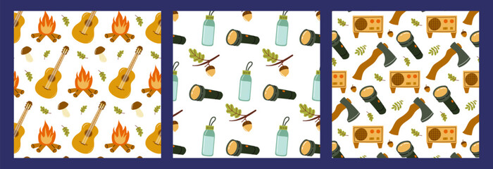 Patterns of camping fun featuring guitars, campfires, and outdoor gear designs