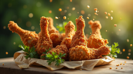 Breaded fried chicken legs in sunlight on green blurred background