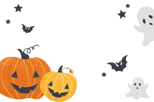 Hand-drawn vector art illustration in a simple flat style, showcasing Halloween pumpkins and ghosts on a white background. The cute cartoon design features three large orange pumpkins in the foregroun