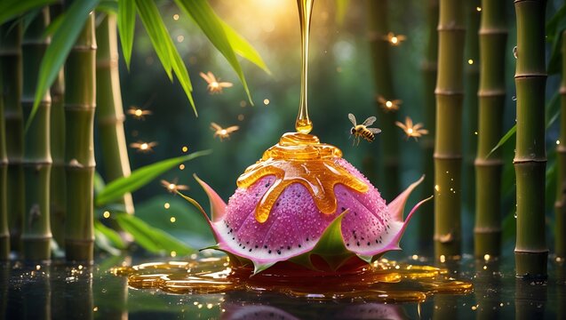 Pouring Honey on Exotic Fruit with Bees in Lush Bamboo Setting