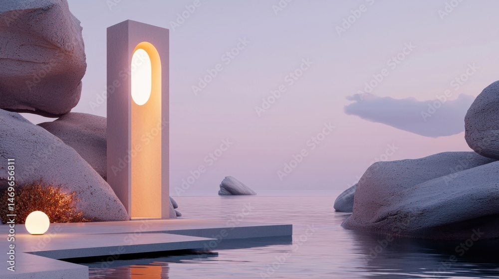 Poster a modern architectural design with a minimalist aesthetic, featuring a tall, rectangular pillar with