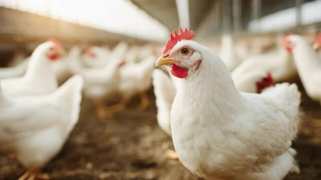 White Chickens in Modern Poultry Farm Coop Close Up View of Healthy Birds