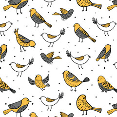 Colorful doodle bird seamless pattern. Collection of flat hand drawn birds. Cute background for textile print, wrapping paper, wall art design
