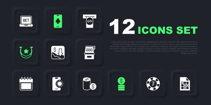 Set Casino chips, Lottery ticket, Financial growth decrease, with dollar, Horseshoe, Online sports betting, poker table game and icon. Vector