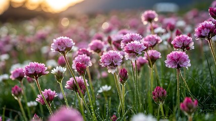Fototapeta premium Field Of Pink Sea Thrift Flowers Blooming At Sunset With Soft Golden Light