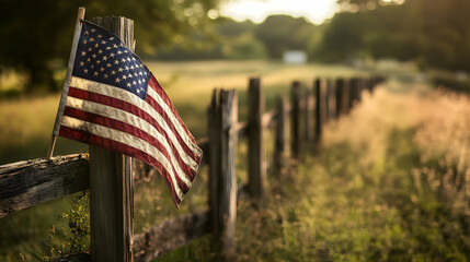 American flag gently waving on an aged fence amidst peaceful rural landscape