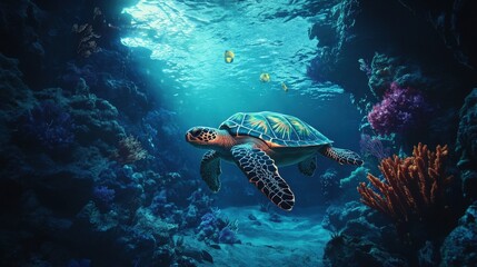 Fototapeta premium A sea turtle drifts peacefully in an underwater cave, surrounded by glowing corals and mysterious marine creatures
