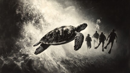 Obraz premium A sea turtle effortlessly glides past a group of divers, its calm presence a reminder of the oceans natural beauty