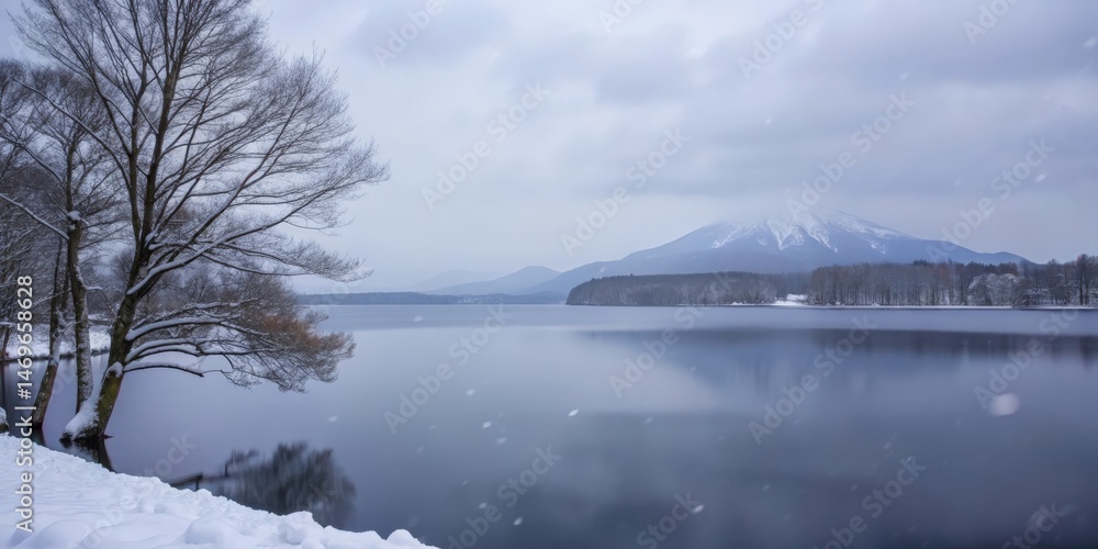 Aufkleber a lone tree stands tall against a backdrop of a snow-capped mountain and a tranquil lake, as soft sn